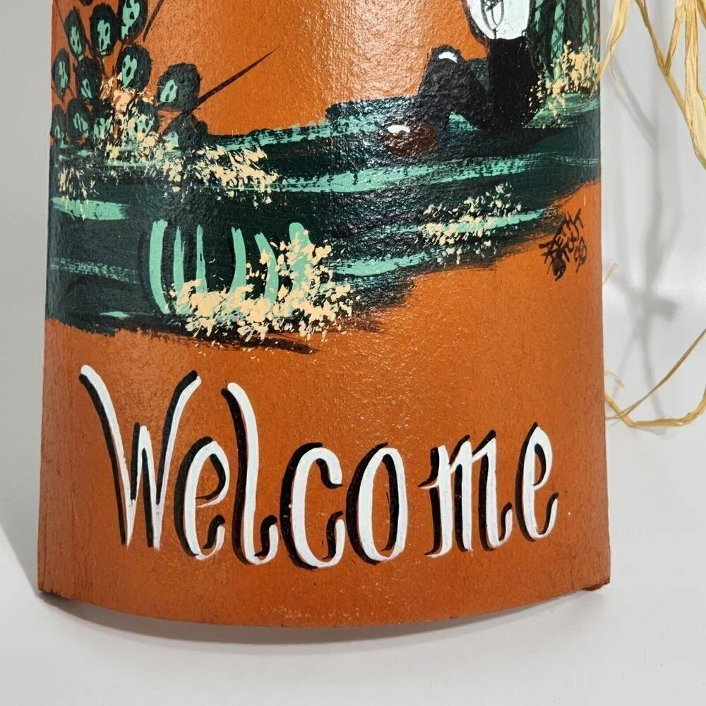 Vintage Tile Painting Welcome Great Indoor /Outdoor Decorative Roof Tile Signed